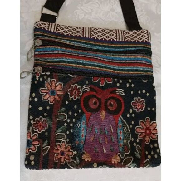 Owl Embroidered Zip Up Crossbody Bag Shoulder Bag Purse - Picture 7 of 8